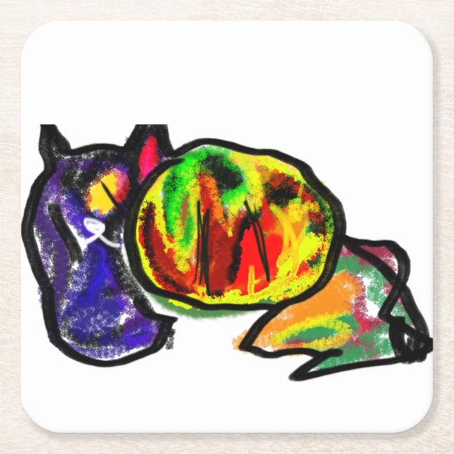 Posavasos Cuadrado De Papel El gato negro espera el otoño (Anverso)