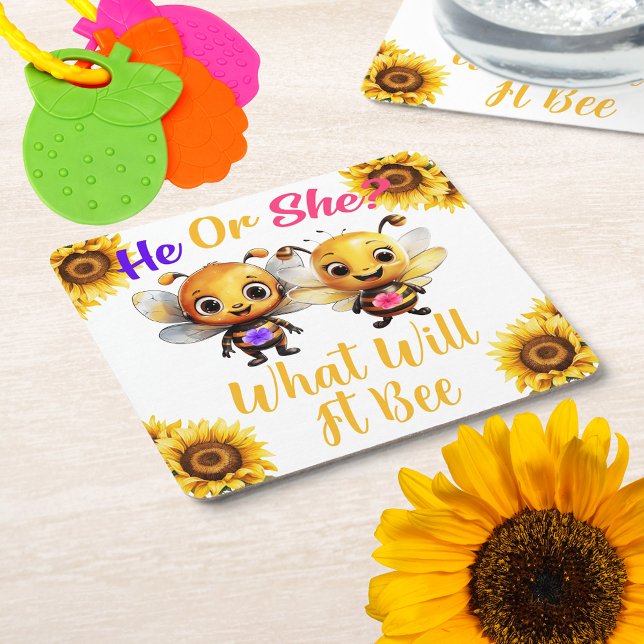Posavasos Cuadrado De Papel El género revela lo que será (Gender Reveal He or She What Will It Bee Square Paper Coaster)
