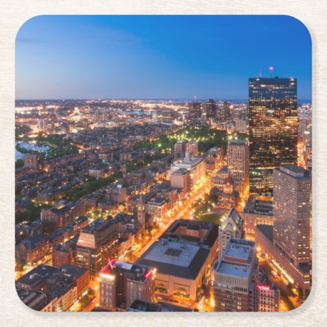 Posavasos Cuadrado De Papel El horizonte de Boston en la oscuridad (Anverso)