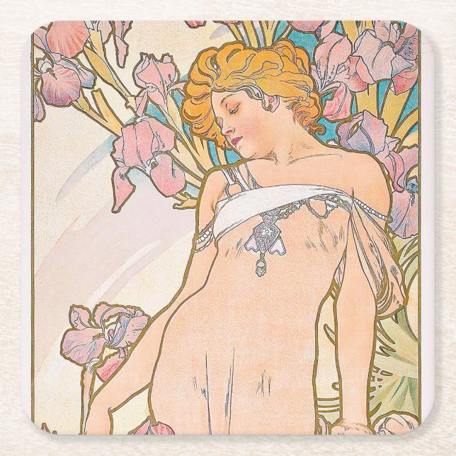 Posavasos Cuadrado De Papel El Iris (1897) de Alphonse Mucha (Anverso)