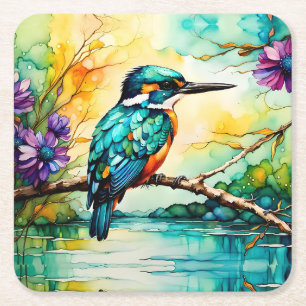 Posavasos Cuadrado De Papel El Kingfisher sobre el agua y las flores silvestre