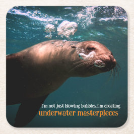 Posavasos Cuadrado De Papel El león del mar soplando burbujas bajo el agua
