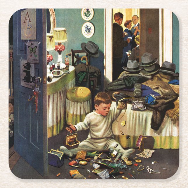 Posavasos Cuadrado De Papel El niño vacia los monederos (Anverso)