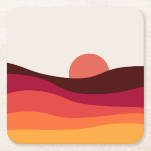 Posavasos Cuadrado De Papel El paisaje abstracto con el mar al atardecer