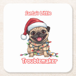 Posavasos Cuadrado De Papel El pequeño alborotador de Santa – Pug divertido de