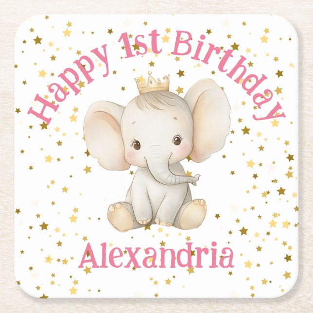 Posavasos Cuadrado De Papel El primer cumpleaños de la princesa elefante perso (Anverso)