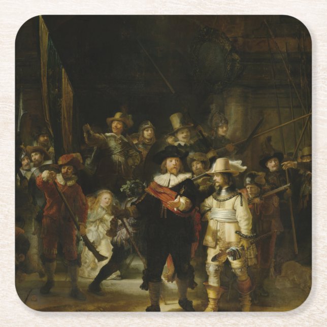 Posavasos Cuadrado De Papel El reloj nocturno, Rembrandt van Rijn (Anverso)
