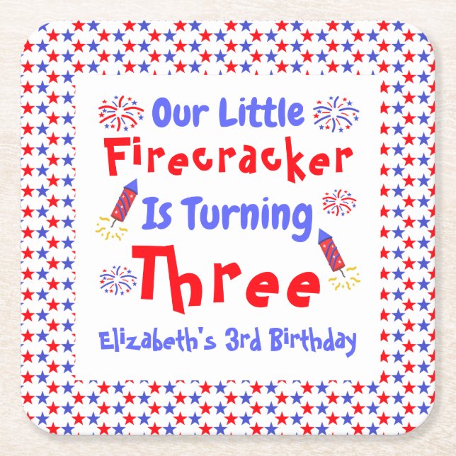 Posavasos Cuadrado De Papel El tercer cumpleaños de Little Firecracker (Anverso)