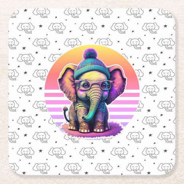 Posavasos Cuadrado De Papel Elefante bebé con gafas y beanias (Anverso)