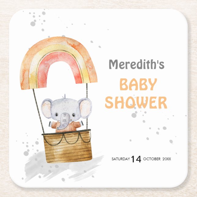 Posavasos Cuadrado De Papel elefante bebé en globo, ducha de bebé, escayola de (Anverso)