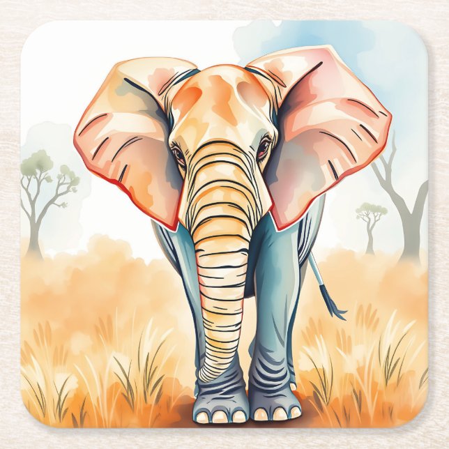 Posavasos Cuadrado De Papel Elefante de acuarela adorable (Anverso)