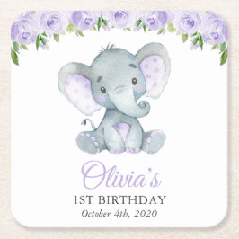 Posavasos Cuadrado De Papel Elefante lindo, flores moradas, primer cumpleaños