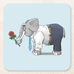 Posavasos Cuadrado De Papel Elefante romántico sostiene una rosa roja