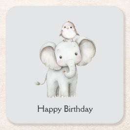 Posavasos Cuadrado De Papel Elefante y Pájaro Mejores Amigos Cumpleaños Gris