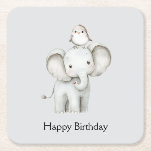 Posavasos Cuadrado De Papel Elefante y Pájaro Mejores Amigos Cumpleaños Gris
