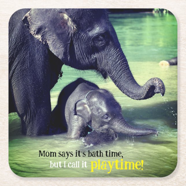 Posavasos Cuadrado De Papel Elefantes bañándose en el río (Anverso)