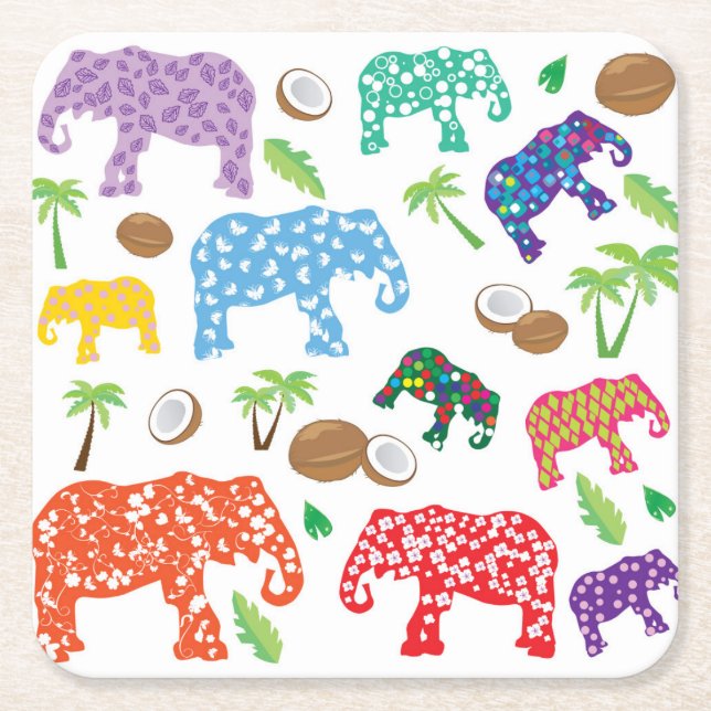 Posavasos Cuadrado De Papel Elefantes tropicales (Anverso)