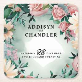 Posavasos Cuadrado De Papel Elegancia de flor pastel: Boda floral verde sabio