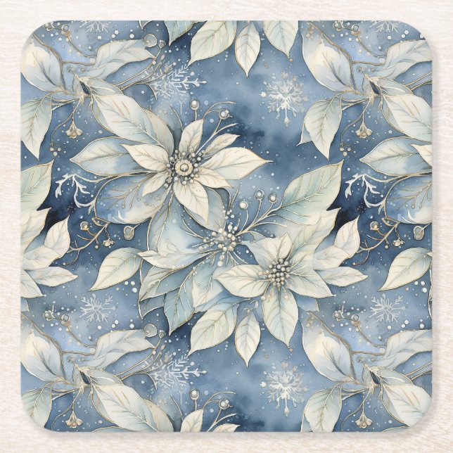 Posavasos Cuadrado De Papel Elegancia de Poinsettia Azul (Anverso)