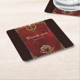 Posavasos Cuadrado De Papel Elegancia en rojo luster con un corazón ornamentad