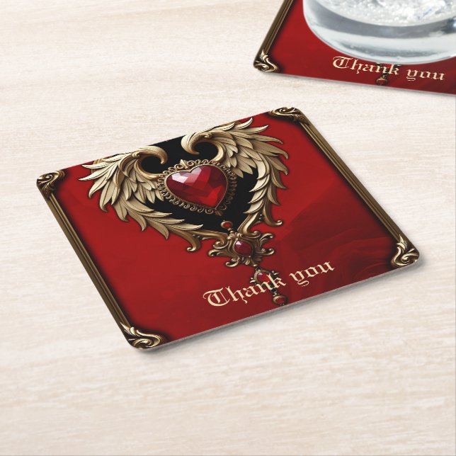 Posavasos Cuadrado De Papel Elegancia en rojo y oro (En perspectiva)