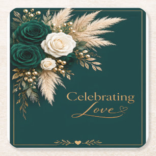 Posavasos Cuadrado De Papel Elegancia Esmeralda: "Celebrando el Amor" Boda 