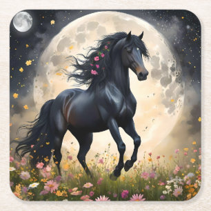 Posavasos Cuadrado De Papel Elegancia lunar: caballo negro de fantasía con lun