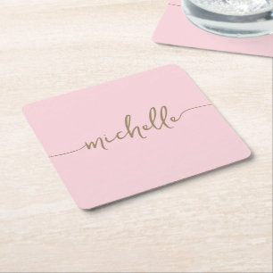 Posavasos Cuadrado De Papel Elegancia Rubor Rosa Dorado Firma Caligrafía Monog