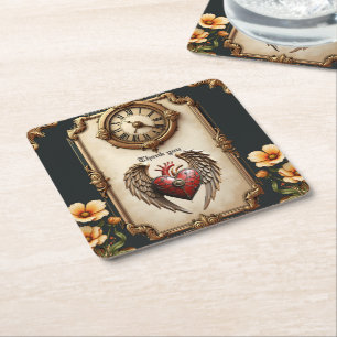 Posavasos Cuadrado De Papel Elegancia vintage: un reloj y un corazón elegantes