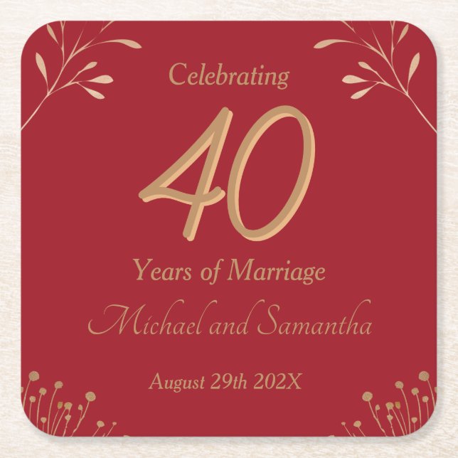 Posavasos Cuadrado De Papel Elegant 40th Ruby Wedding Party (Anverso)