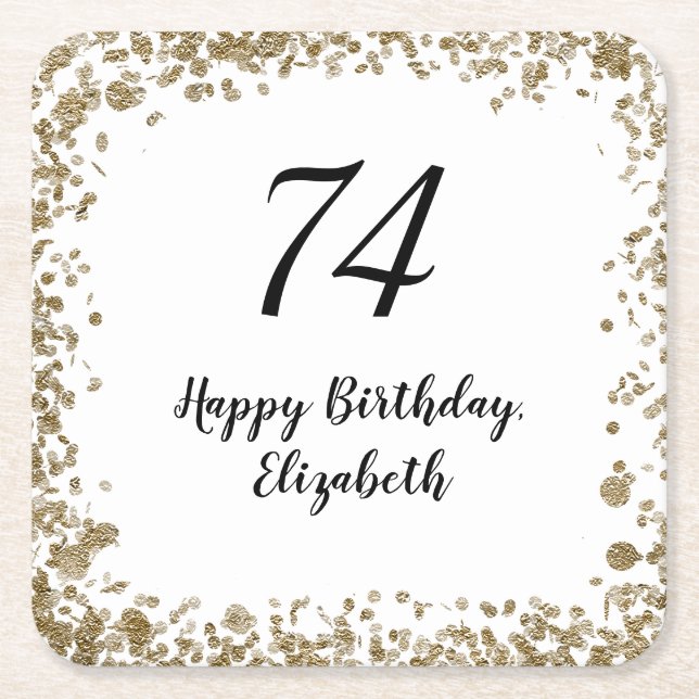 Posavasos Cuadrado De Papel Elegant 74th Birthday Coasters With Gold Sequins (Anverso)