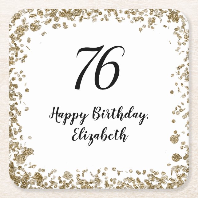 Posavasos Cuadrado De Papel Elegant 76th Birthday Coasters With Gold Sequins (Anverso)