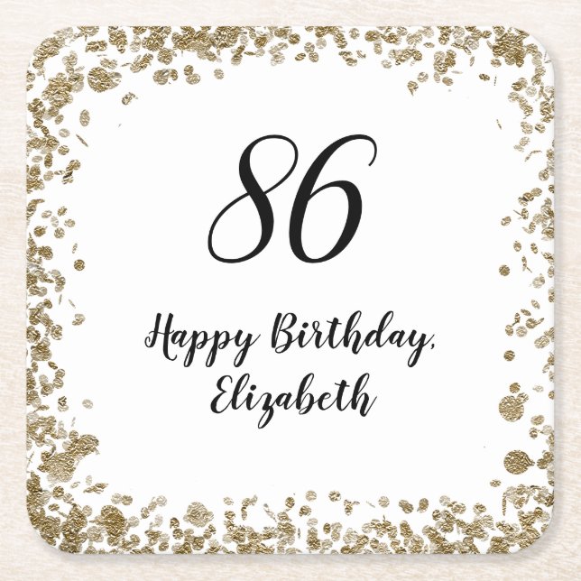 Posavasos Cuadrado De Papel Elegant 86th Birthday Coasters With Gold Sequins (Anverso)