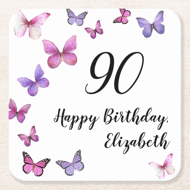 Posavasos Cuadrado De Papel Elegant 90th Birthday Butterflies Custom Name (Anverso)