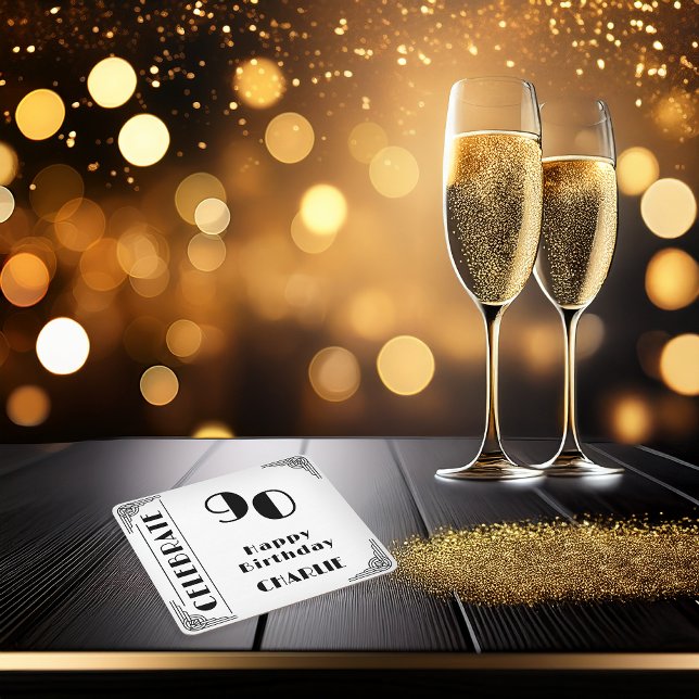 Posavasos Cuadrado De Papel Elegant Art Deco Black & White 90th Birthday Party (Elegant Art Deco 90th Birthday Party Black and White Paper Party Coasters)