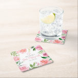 Posavasos Cuadrado De Papel Elegant Bat Mitzvah Party Personalized Pink Floral<br><div class="desc">This elegant blush pink floral Bat Mitzvah party paper coaster features pretty watercolor flowers and beautiful green leaves around a pink Star of David. A lovely girly design for your teen girl's celebration. Feminine peonies create a cute border around the chic script.</div>