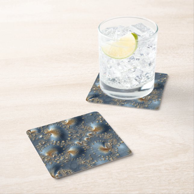 Posavasos Cuadrado De Papel Elegant Blue and Gold Abstract Cardboard Coasters (In situ)