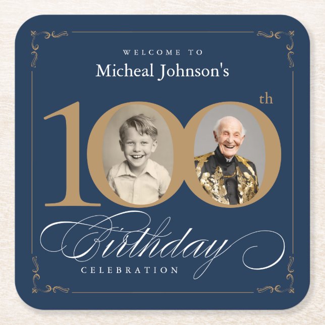Posavasos Cuadrado De Papel Elegant Blue and Gold Custom Photo 100th Birthday  (Anverso)