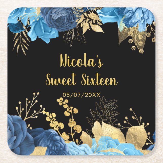 Posavasos Cuadrado De Papel Elegant Blue and Gold Flowers Sweet Sixteen (Anverso)