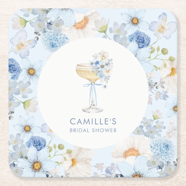 Posavasos Cuadrado De Papel Elegant Blue Bubbly Brunch Bridal Shower  (Anverso)