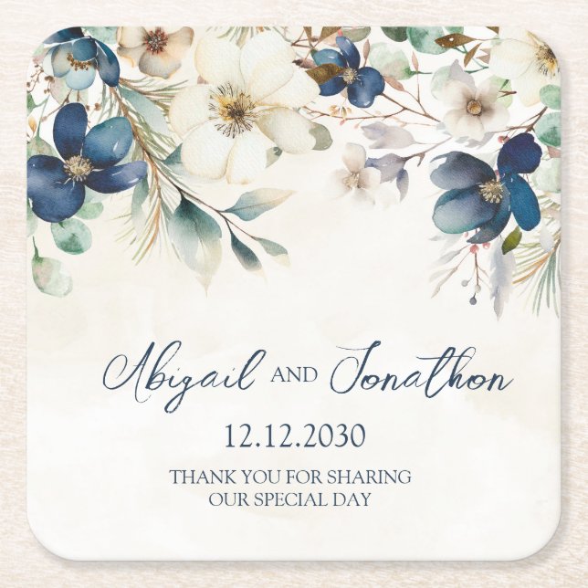 Posavasos Cuadrado De Papel Elegant Blue Floral Winter Wedding (Anverso)