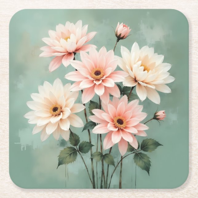 Posavasos Cuadrado De Papel Elegant Blush Chrysanthemum Art (Anverso)