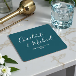 Posavasos Cuadrado De Papel Elegant Deep Teal Script Minimalist Wedding