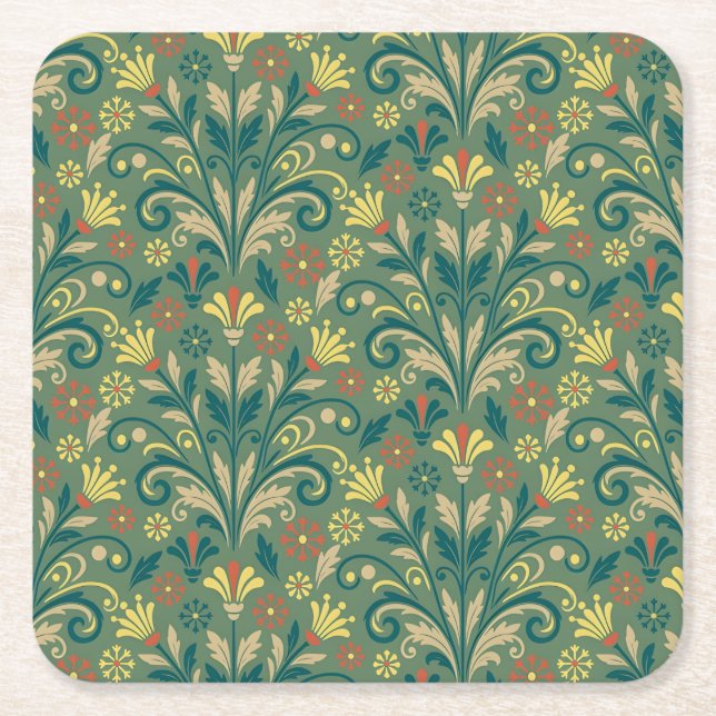 Posavasos Cuadrado De Papel Elegant Floral Pattern in Yellow and Red on Green (Anverso)