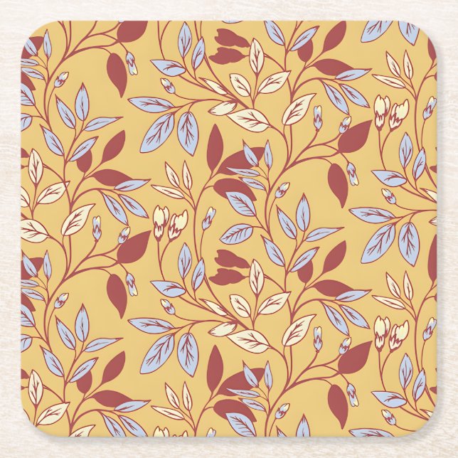Posavasos Cuadrado De Papel Elegant Floral Pattern with Red and Blue Leaves (Anverso)