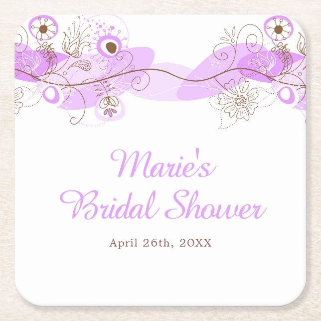 Posavasos Cuadrado De Papel Elegant Floral Twist Bridal Shower in Purple (Anverso)