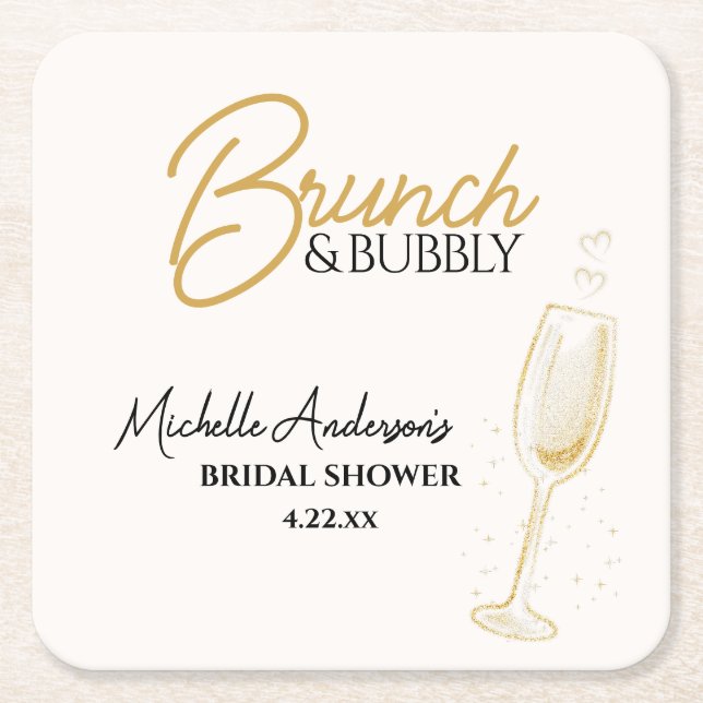 Posavasos Cuadrado De Papel Elegant Gold Brunch & Bubbly Bridal Shower  (Anverso)