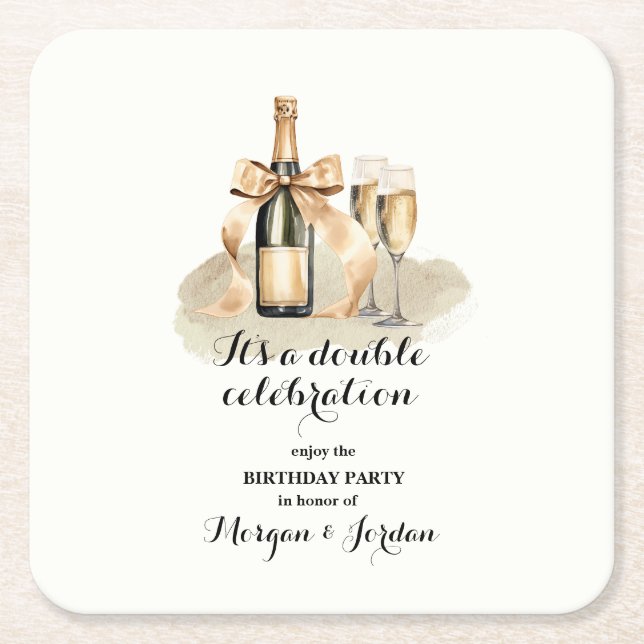 Posavasos Cuadrado De Papel Elegant Gold Doble Celebración Cumpleaños Conjunto (Anverso)