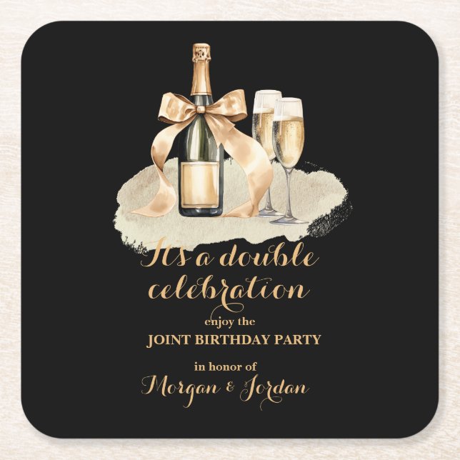 Posavasos Cuadrado De Papel Elegant Gold Doble Celebración Cumpleaños Conjunto (Anverso)