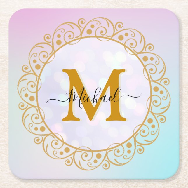 Posavasos Cuadrado De Papel Elegant Gold Glitter Initial & Name (Anverso)